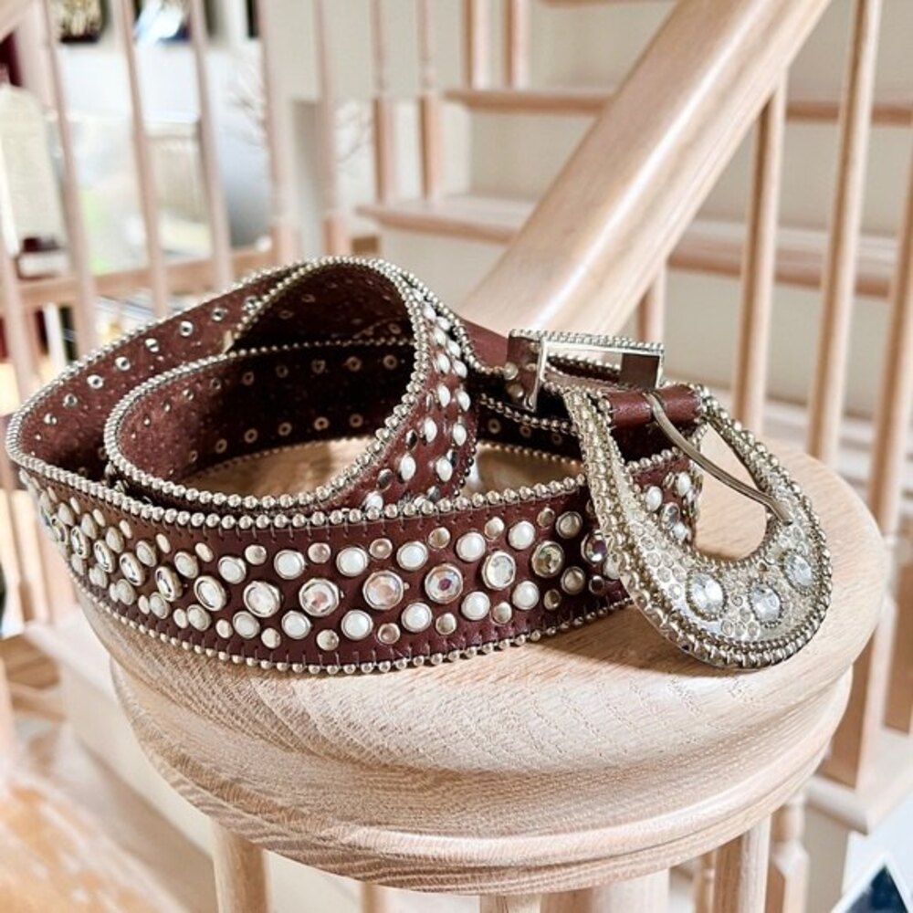 Studded and Jeweled Brown Leather Belt M/L